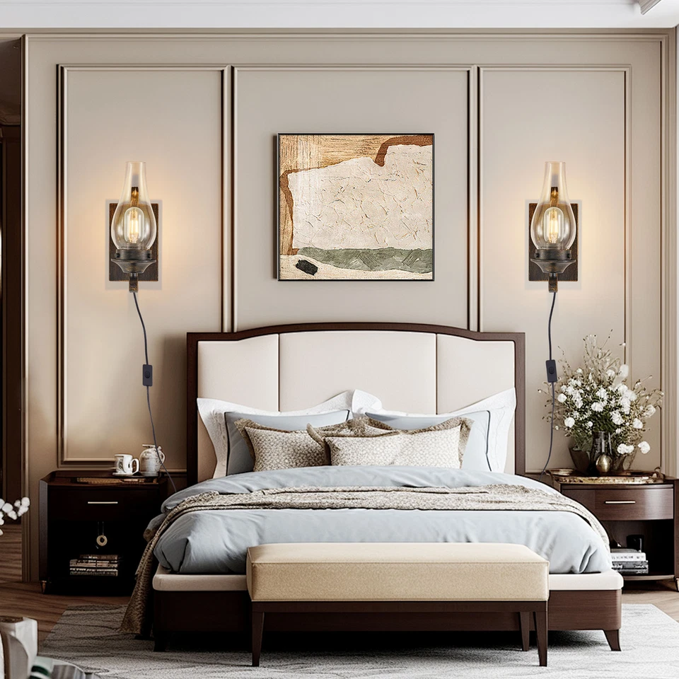 Paquete de 2 luces de pared LED negras vintage para granja aplique de porche con vidrio ámbar Foto 3 de 4