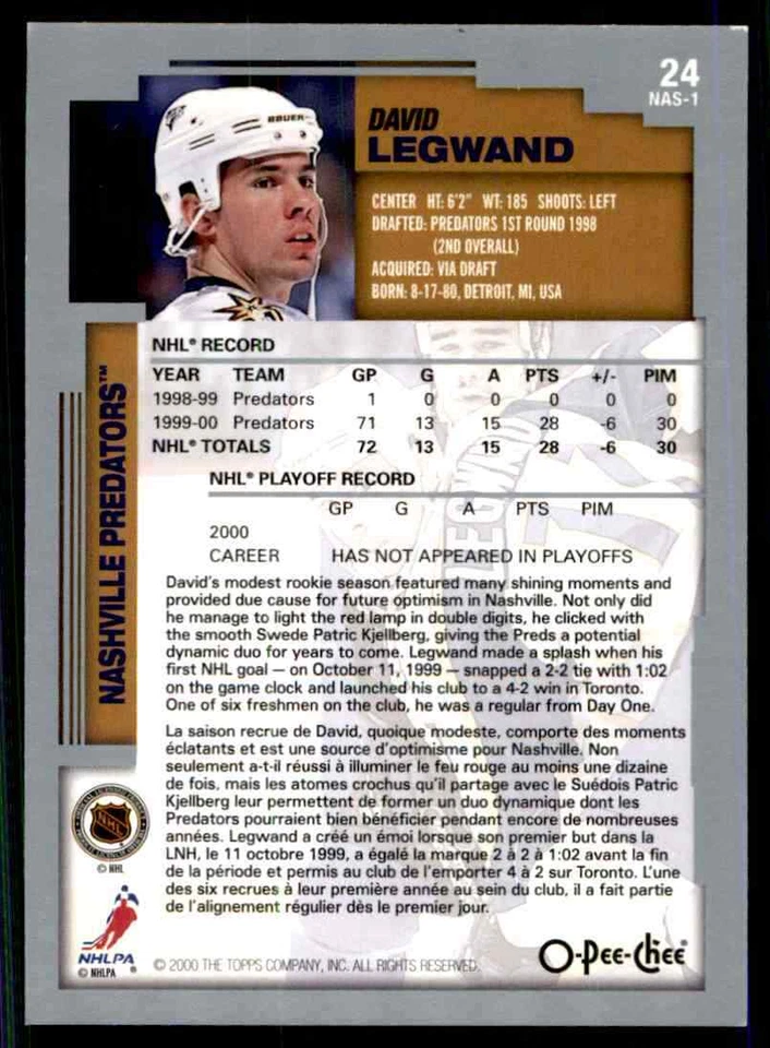 2000-01 O-Pee-Chee David Legwand #24 NAS-1 - Image 2 of 2