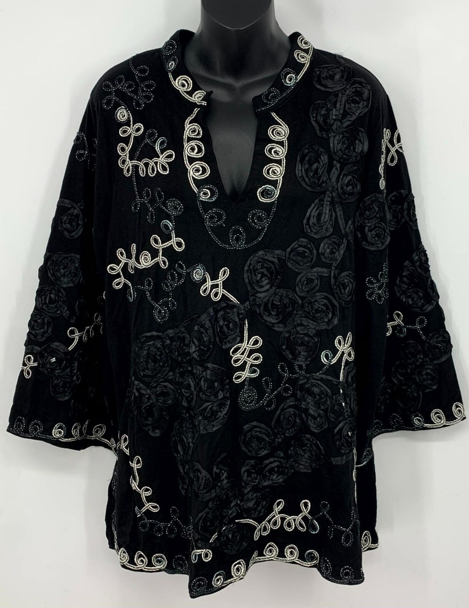 Lauren Michelle Women Top Size 2X Black 3/4 Sleeve Embroidered