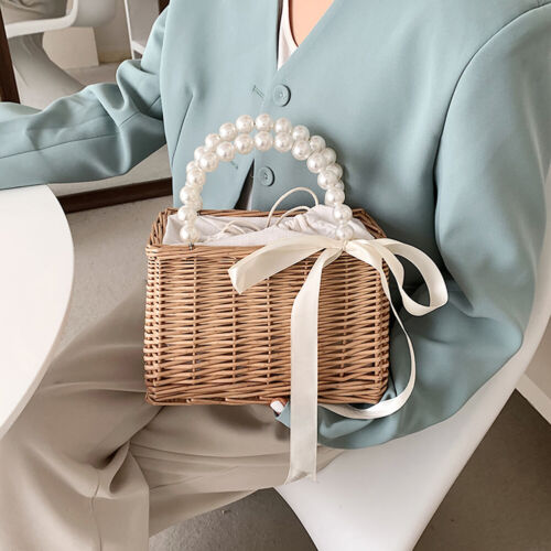 Vintage Damen Rattan Gewebte Tragetaschen Strand Perle Mini Korb Handtasche (B) - Bild 9 von 12