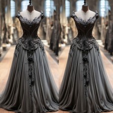 Dark Grey Wedding Dresses Short Sleeves V Neck A Line Lace Appliques Bridal Gown