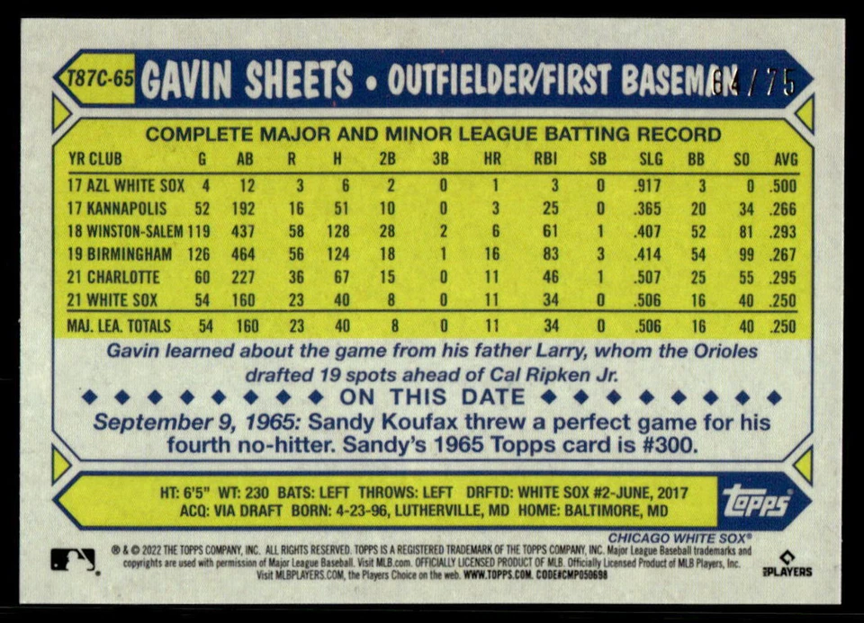 Gavin Sheets 2022 Topps Series 1 # T87C-65 RC Purple /75 Chicago White Sox - Image 2 of 2