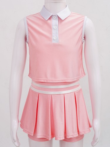 Kids Girls Sportswear Suit Lapel Collar Buttons Sport Vest Skirt Set with Shorts - Picture 7 of 73