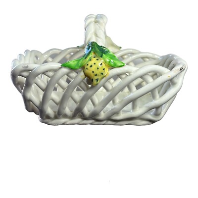 Vintage Small White Woven Ceramic Rectangular Basket Center Handle Made in Spain