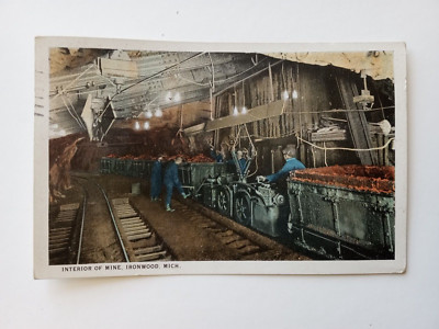 IRONWOOD MICHIGAN POSTCARD 1931 MINE INTERIOR COPPER ORE CARS MINERS