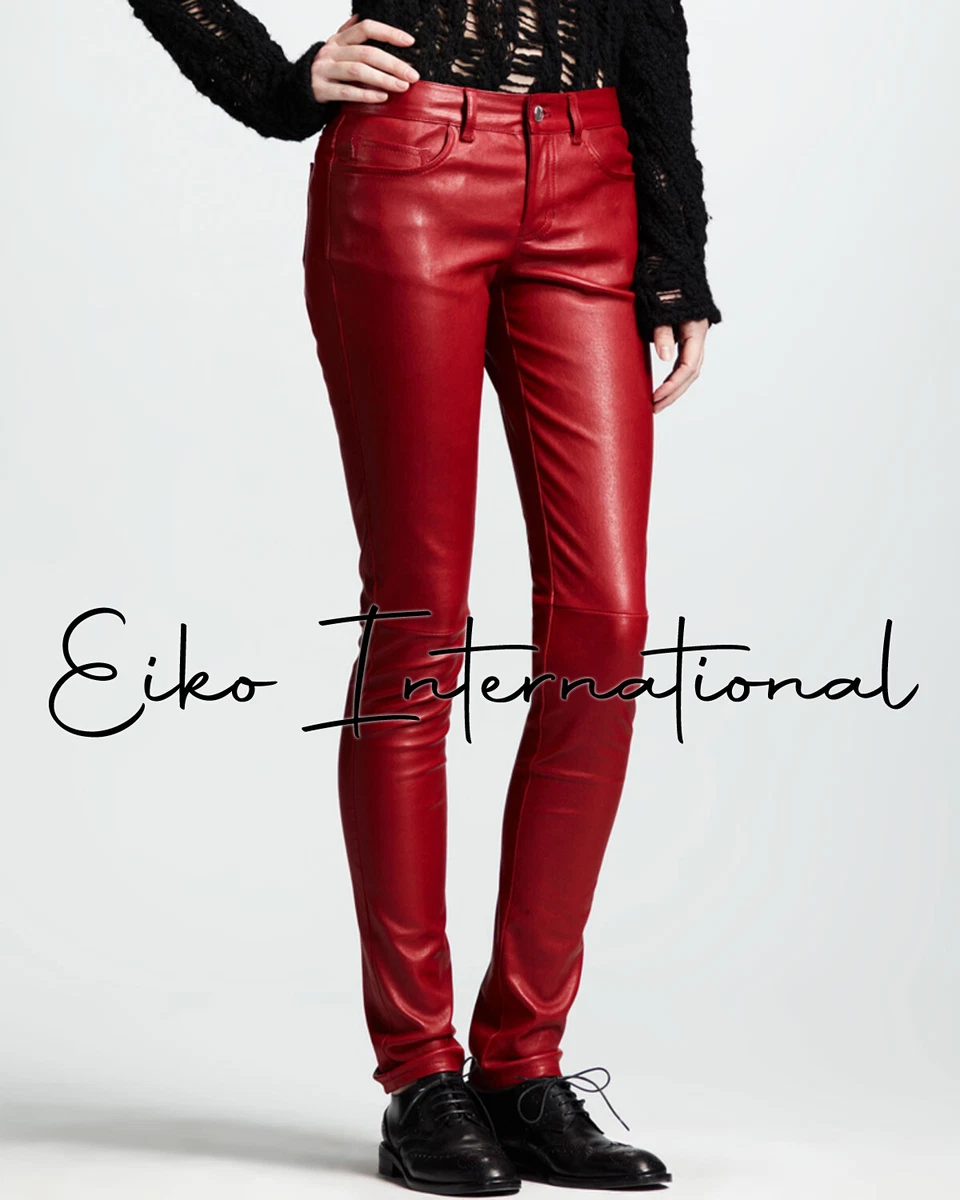 Women Genuine Lambskin Skinny Pants Red Real Leather Leggings Designer  Trousers