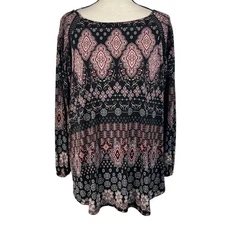 Dressbarn 2X-Large Top Geometric Stretch Long Balloon Sleeves Boat Neck Smocked