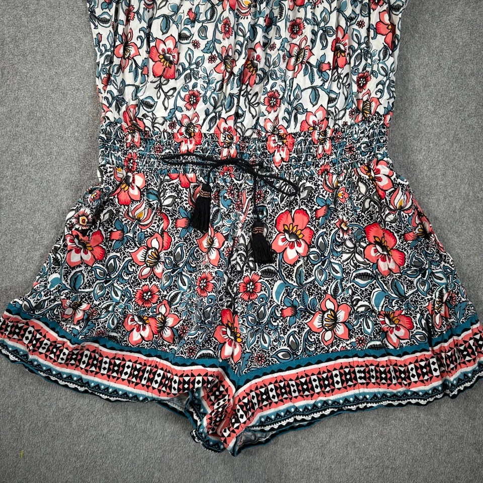 Pantalones Cortos Mameluco Express Fuera del Hombro Para Mujer Pequeños Floral Corbata Cintura Pierna Ancha Azul Foto 2 de 4