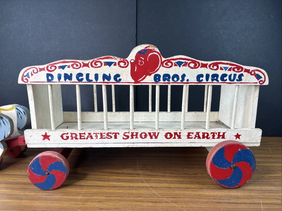 Juguete de madera grande vintage Kraft Studios Dingling Bros. Carro de juguete y animales de circo Foto 2 de 4