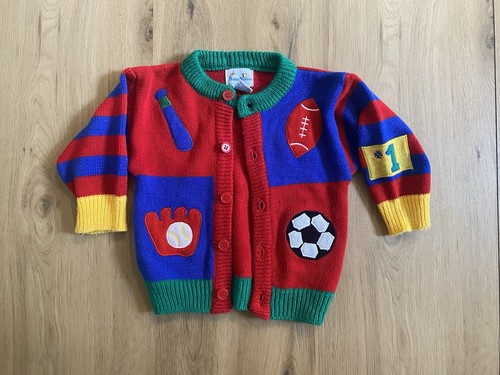 Vintage 80s 90s Retro Primary Colors Baby 18 Months Knit Sweater Sports Red - Picture 2 of 6