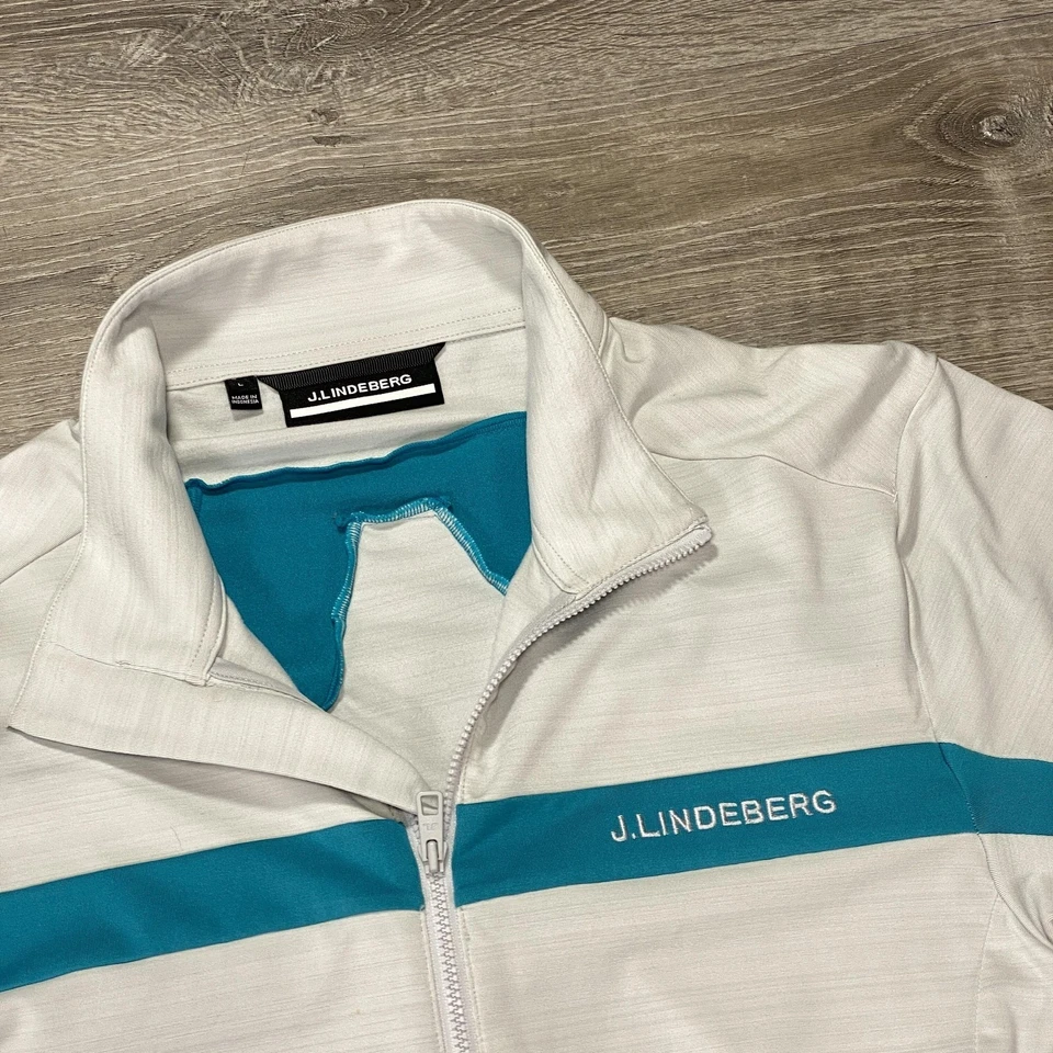 J Lindeberg Golf Jacket White Teal Stripe Full Zip Mens Size L - Image 2 of 4