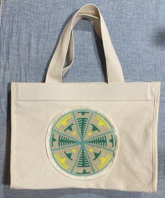 Vieve Tote Bag Beige with Teal Yellow Tan Aztec Design Inside Pocket NEW