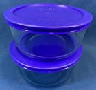 Lot Of 2 - Pyrex 4 Cup / 1 Quart Glass Storage Bowls W/ Blue Lids Made In USA