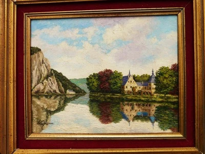 Ancienne peinture paysage Dinant Meuse Belgique Prieuré Anseremme ARDENNES belge - Photo 1/4