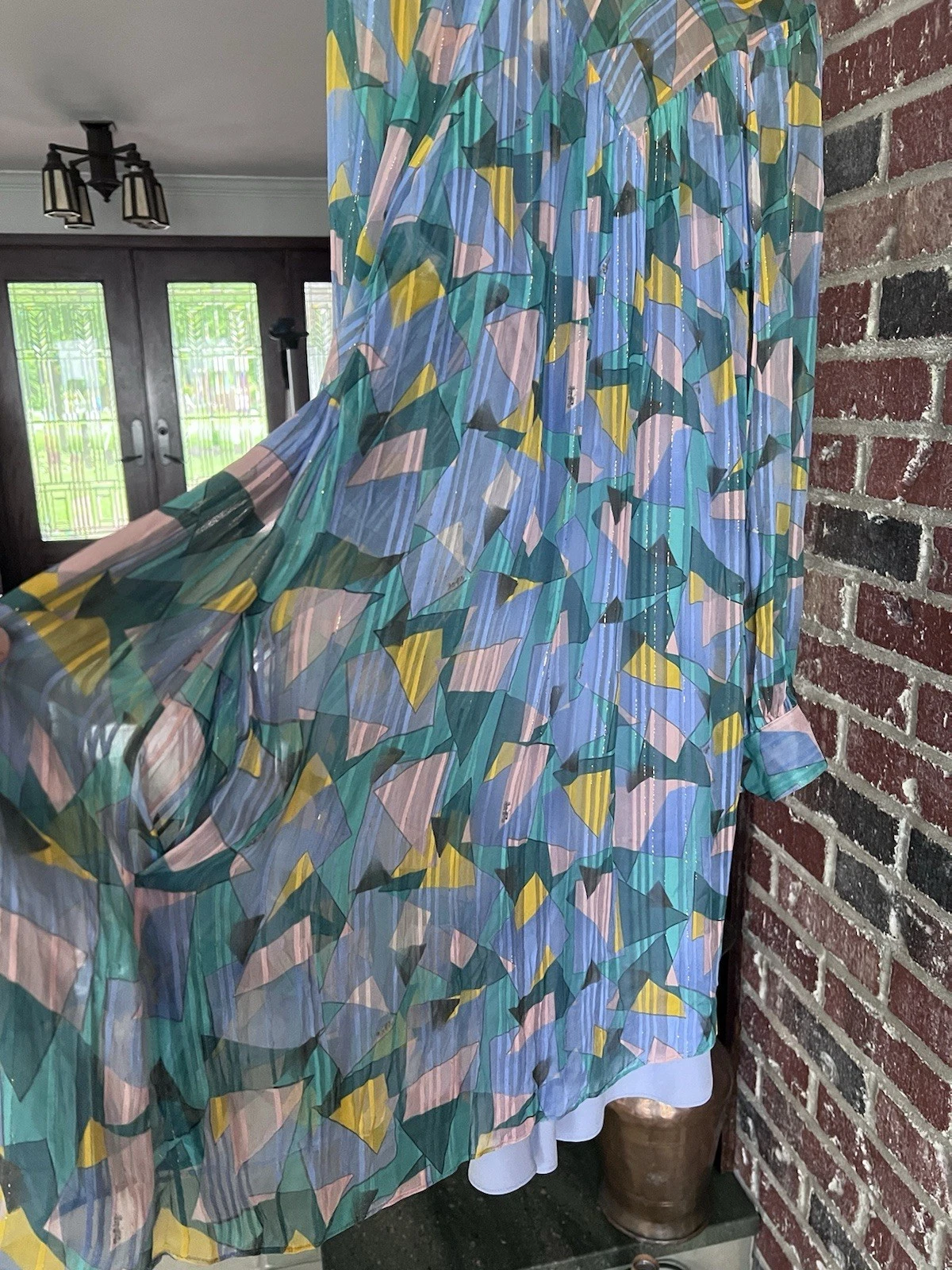 Mini abito Coach colorato audace Geo Yoke manica lunga taglia 6