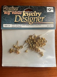 Authentic Darice Jewelry Designer 24 sets 4 mm Ball Stud Earring w Clutch Back Gold Plated