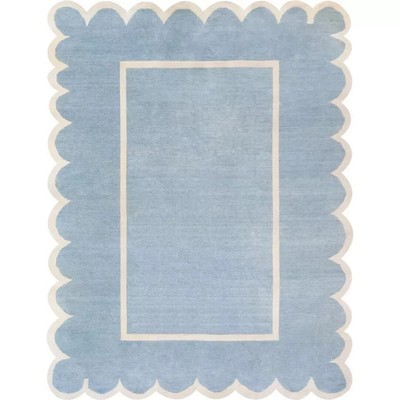 Modern Hand Knotted Abstract Oushak Rug Muted Sky Blue Solid Geometric Wool Rugs