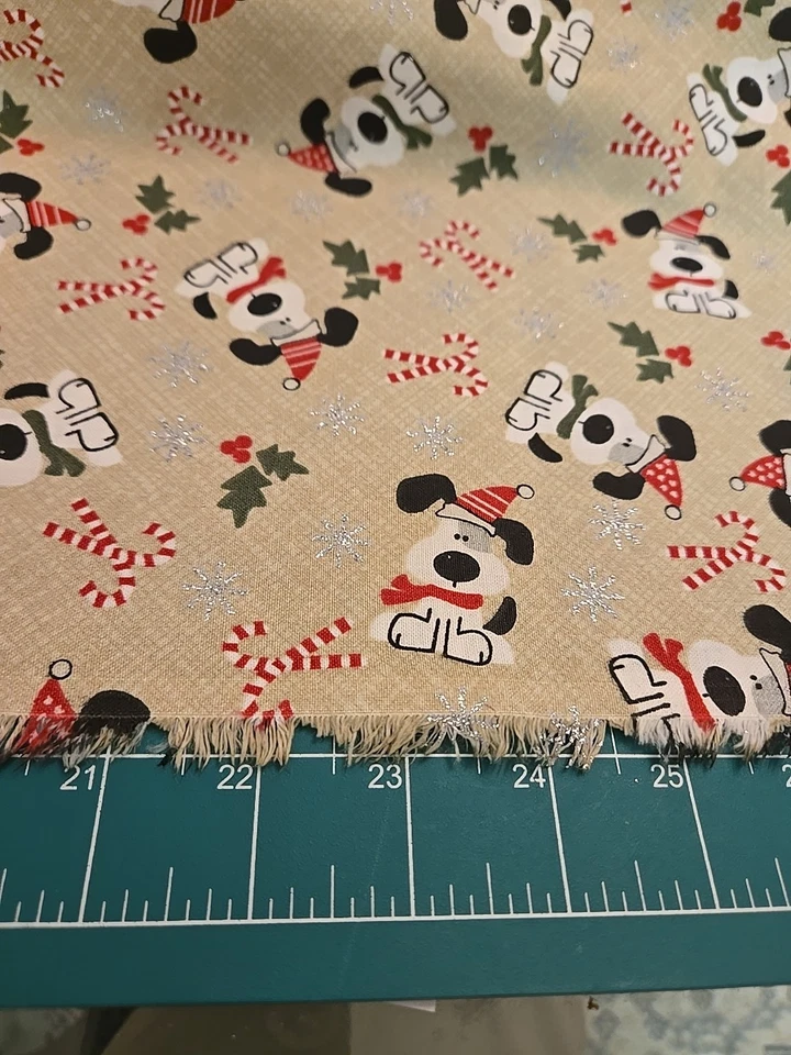 Glitter 1.5 Yards  Fabric Christmas Dog Candy Cane Snowflake Tan Puppies Jo Ann - Image 2 of 4