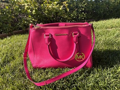 Michael Kors Sutton Satchel Medium Hot Pink Saffiano Leather Tote Bag