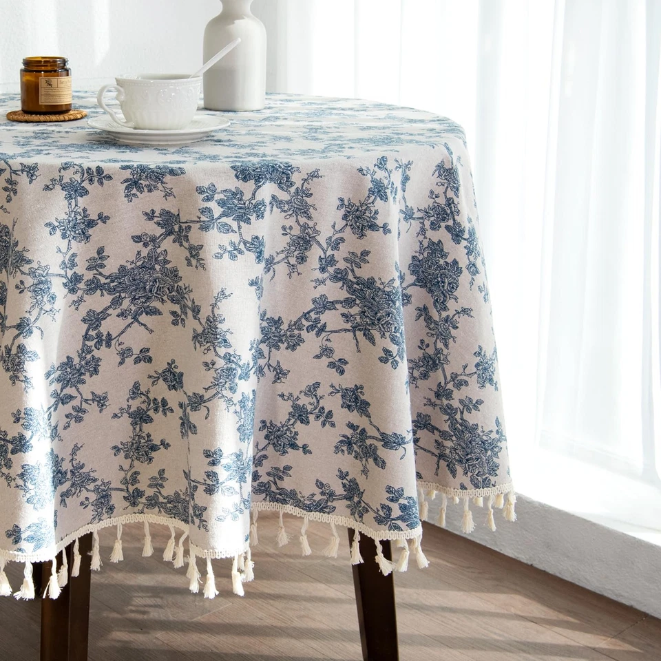 Linen Floral Round Tablecloth 60 Inch – Washable Vintage Blue Table Cloth for... - Image 3 of 4