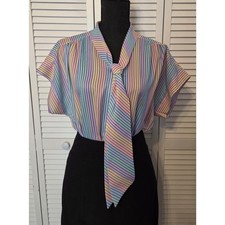 Vintage Judy Bond Pastel Striped Kitty-Bow Blouse-Sz Med