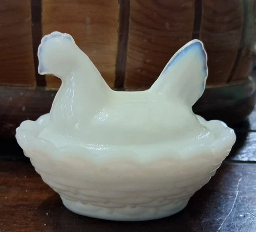 Vintage Miniature Milk Glass Hen On Nest Covered Dish