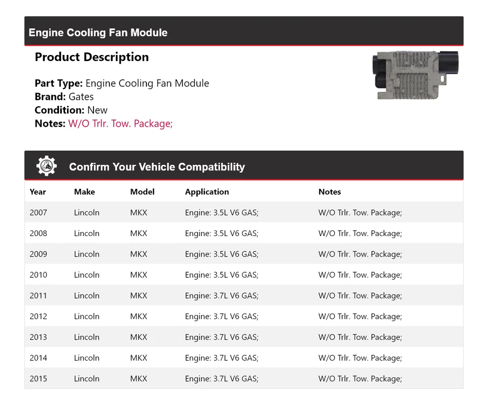 Módulo de ventilador de refrigeración del motor Lincoln MKX 2007-2015 puertas 2008 2009 2010 2011 Foto 2 de 4
