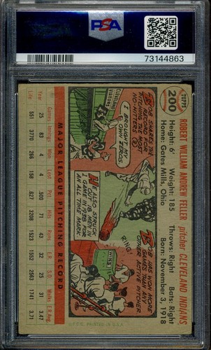 1956 Topps #200 Bob Feller PSA 3 VG *Cleveland Indians* - Picture 2 of 2