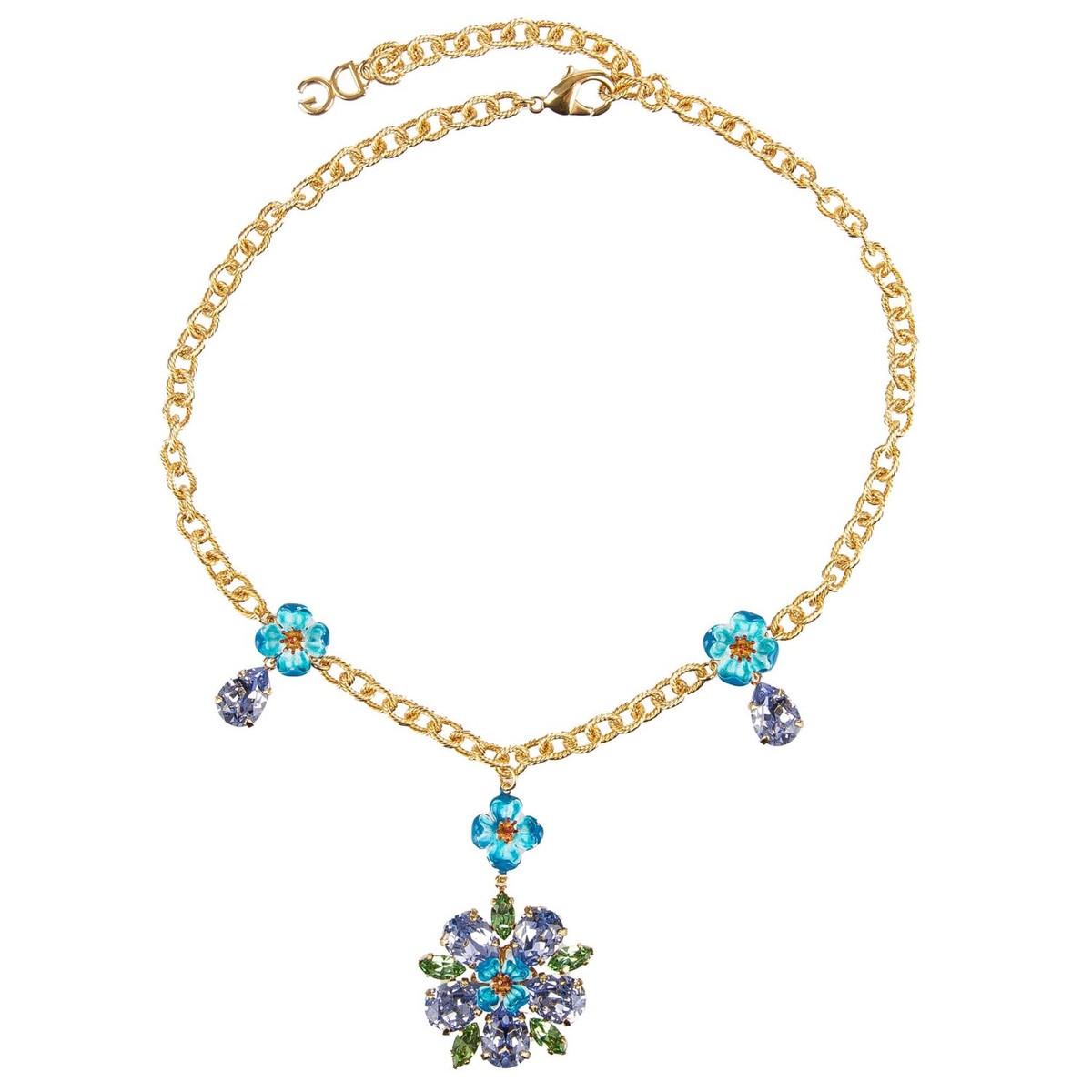 Dolce & Gabbana Crystal Flower Choker Chain Blue Gold Necklace