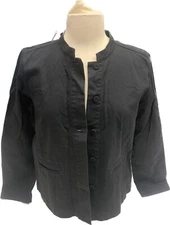 Eileen Fisher Black Cotton Mandarin Collar Button Up Jacket Pockets Petite Small