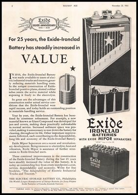 1935 Exide Philadelphia Ironclad Battery With Mipor Separators Vintage Print Ad
