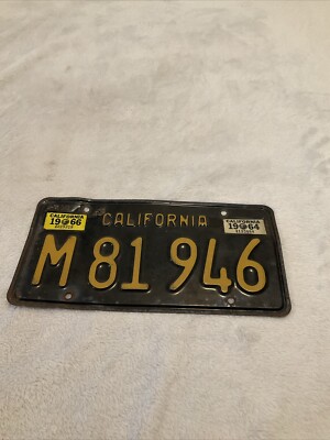 1963 - CALIFORNIA - 6 Digit Black Yellow LICENSE PLATE WITH 1964 & 1966 STICKERS