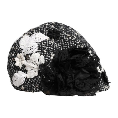 DOLCE & GABBANA Hat Black Wool White Floral Embellished 
