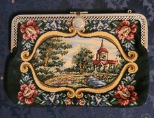 Vintage Tapestry Clutch Handbag Purse Church Scene Made in Hong Kong
