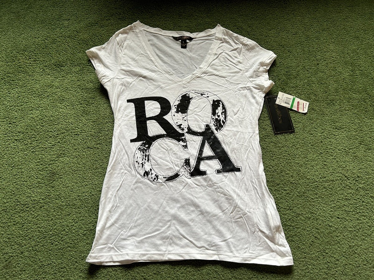 Tシャツ・カットソー Luxury Street Wear vintage net tops long Rocawear unisexual Womens Vintage Rocawear Black Rhinestone V-Neck White T