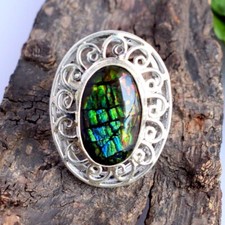 Rare Ammolite Gemstone Oval Cocktail Ring Sterling Silver Vintage Style Jewelry