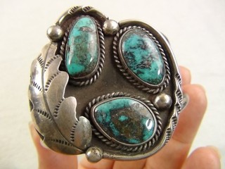 Heavy 53g 6 5/8" Native Sterling Silver Turquoise Squash Cuff Bracelet Navajo
