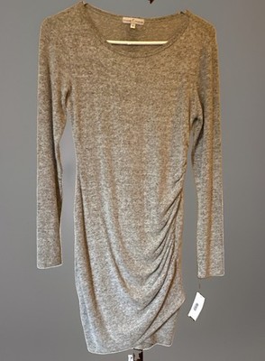 Moa Moa Women s S Gray Solid Ruched Knit Bodycon Short Long Sleeve Round Neck