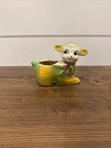 vintage Shawnee Pottery lamb planter 1950s Green Yellow White Red
