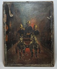 Antico Dipinto Olio su Tela XIX Secolo - Pompieri Francesi a Cavallo - Incendio