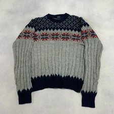 Vintage Abstract Knitted Jumper Patterned Grandad Chunky Knit Sweater Men's L