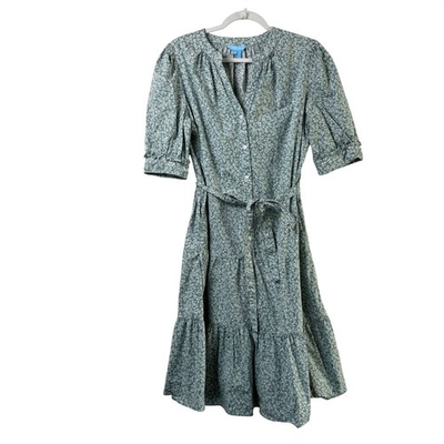 #ad Draper James Midi Dress Womens L Green White Floral Pockets Belt Ruffle Cottage $25.47