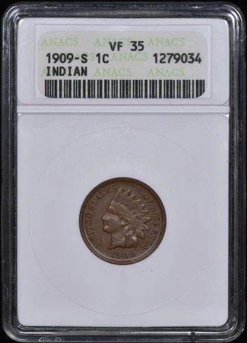 1909-S Indian Head One Cent 1c Penny ANACS VF35 "Soapbox"
