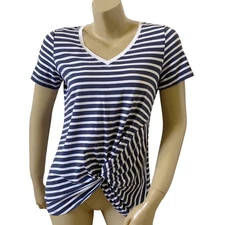 TRIBAL Womens Petite Size PS Striped V Neck Knotted Short Sleeve T Shirt