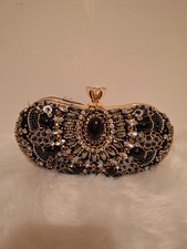 Black Gold Beaded Rhinestone Crescent Clutch Evening Bag Party Wedding Formal