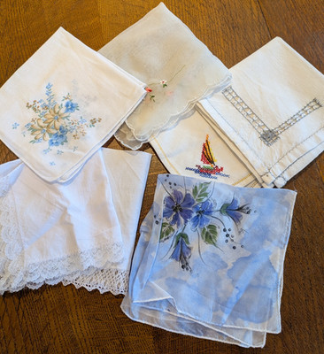 7 Vintage Ladies Handkerchiefs Different Styles/Fabrics Linen Silk