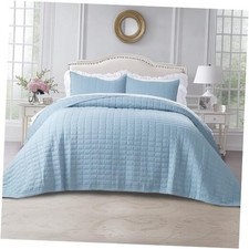 Quilt Set 112"x106"   Soft Washed 3-Layer Lightweight Oversized King Grey Blue