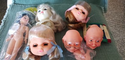 Lot Of Plastic Doll Parts, Old Man And Wife, 3 Girl Heads, 1 Full Doll 7''