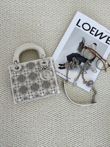 Authentic Dior Lady Dior Mini White Cannage Leather Bag Silver Hardware