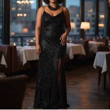 Fashion Nova Womens 2X Black Sequin Cowl Neck Maxi Gown High Slit Formal Dress